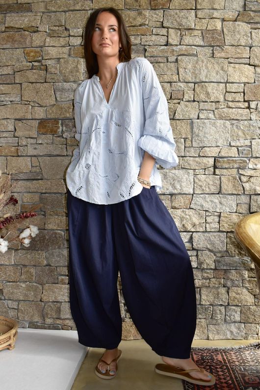 Inga Stretch Poplin Cotton Barrel Pant Navy